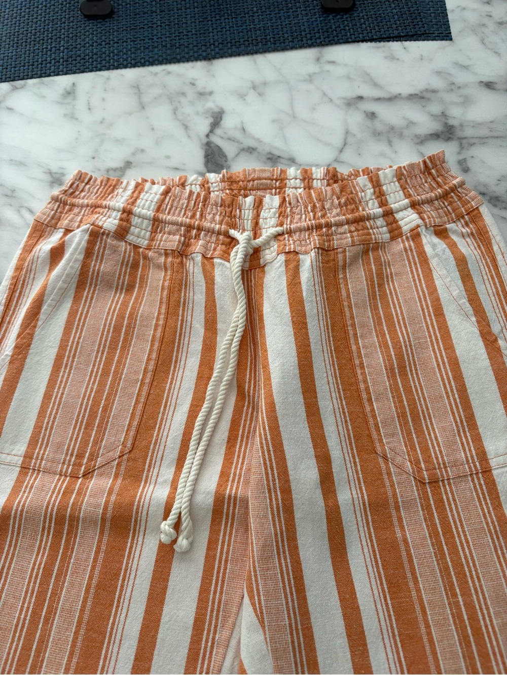 Roxy Striped Linen Blend Wide Leg Drawstring Pants Orange White Womens Large